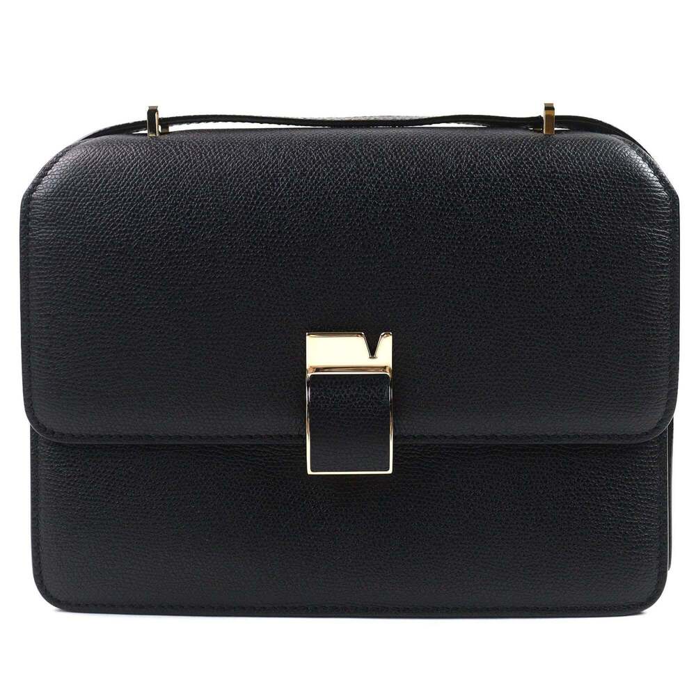 Valextra Noro Soft Calfskin Leather Shoulder Bag in Black with Light Gold Har...